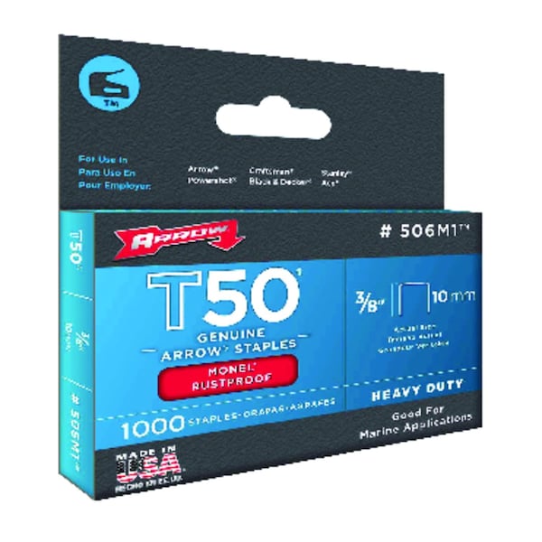 Arrow Fastener Heavy Duty Staples, T50, 18 ga, Flat Crown, 3/8 in Leg L, Monel, 1000 PK 506M1 - main